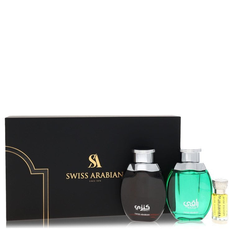 Swiss Arabian Gift Set - 2 x 3.4 oz Eau De Parfum in Raaqi & Kenzy + .4 oz Concentrated Perfume Oil in Private Musk 2 x 3.4 oz Eau De Parfum in Raaqi & Kenzy + .4 oz Concentrated Perfume Oil in Private Musk Kenzy Gift Set By Swiss Arabian