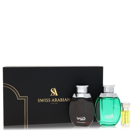 Swiss Arabian Gift Set - 2 x 3.4 oz Eau De Parfum in Raaqi & Kenzy + .4 oz Concentrated Perfume Oil in Private Musk 2 x 3.4 oz Eau De Parfum in Raaqi & Kenzy + .4 oz Concentrated Perfume Oil in Private Musk Kenzy Gift Set By Swiss Arabian